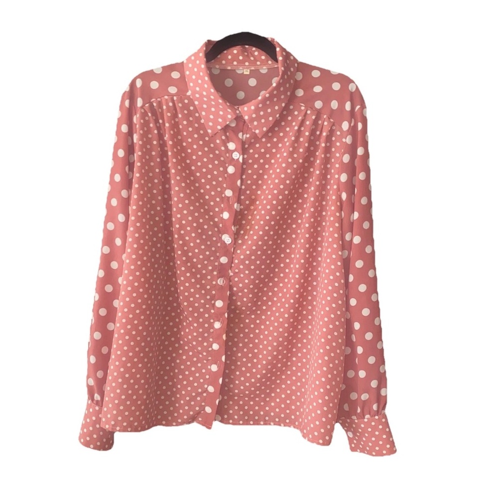 Rose Pink Polka Dot Button-Up Blouse 2xl